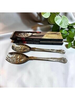 Embossed Fruit Serving Fork And Spoon Silver Plated w/Box 8.5"